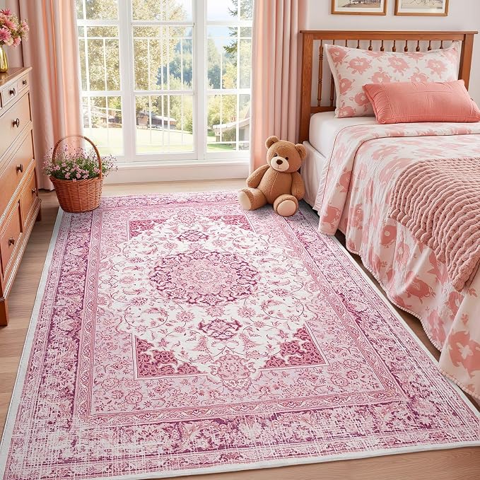 Macgace Bright Pink Area Rug for Living Room, 6x9 Machine Washable Rugs with Non-Slip Backing for Girls Bedroom, Large Vintage Carpet for Kitchen Laundry Kids Room
