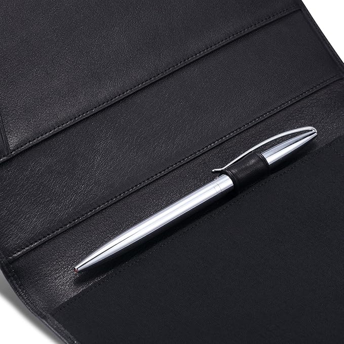 HISCOW Slim Leather Junior Padfolio, 5x8 Notepad Cover, Classic Black | Italian full-grain cowhide, top-loading legal pad holder, rigid pen loop, quick-access card slot, zipperless boardroom design