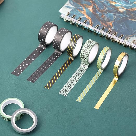 Mr. Pen- Washi Tape Set, 8 Rolls, Assorted Sizes, 5 Yards/Roll | Gold Foil Decorative Tape for Scrapbook, Arts, Crafts, Journals and Planners, Midnight Garden