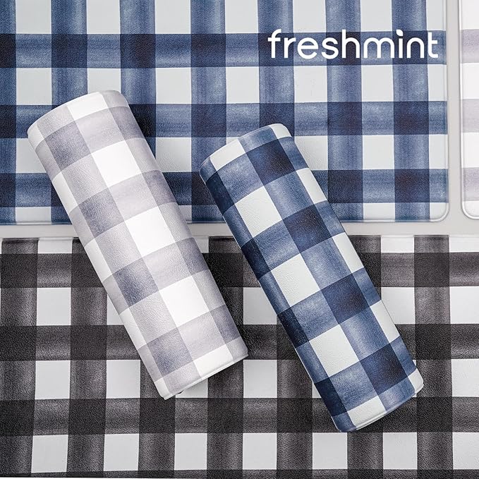 FRESHMINT Modern Farmhouse Plaid 2 Piece Set Kitchen Mats for Floor Anti Fatigue Waterproof & Non-Skid Kitchen Rugs Cushioned Kitchen Mat for Standing Washable Comfort Desk Kitchen Runners