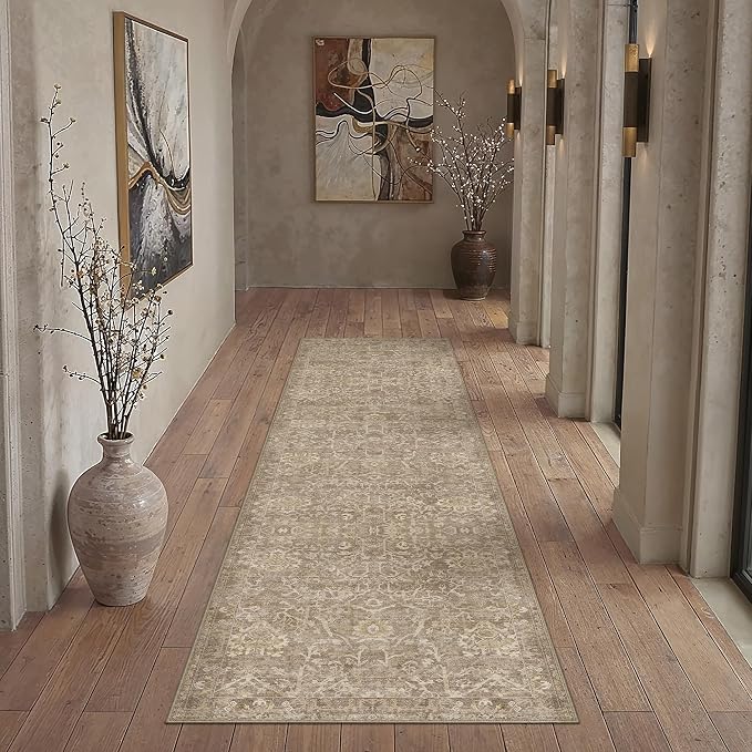 HUGEAR 3x8 Runner Rug Hallway Light Brown Machine Washable Vintage Floral Low Pile Carpet Vacuumable Distressed Long Throw Rug Bedroom Office Bathroom Kitchen Laundry Non Slip Soft Lightweight