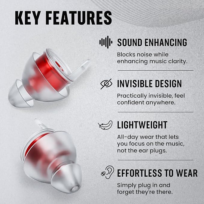 Plugz Red Lightweight Ear Plugs Noise Cancelling - Invisible, Easy to Wear Music Ear Plugs, All-Day Comfort for Up to 23dB Noise Reduction, One Pair Clear Earplugs in Sleek Portable Case