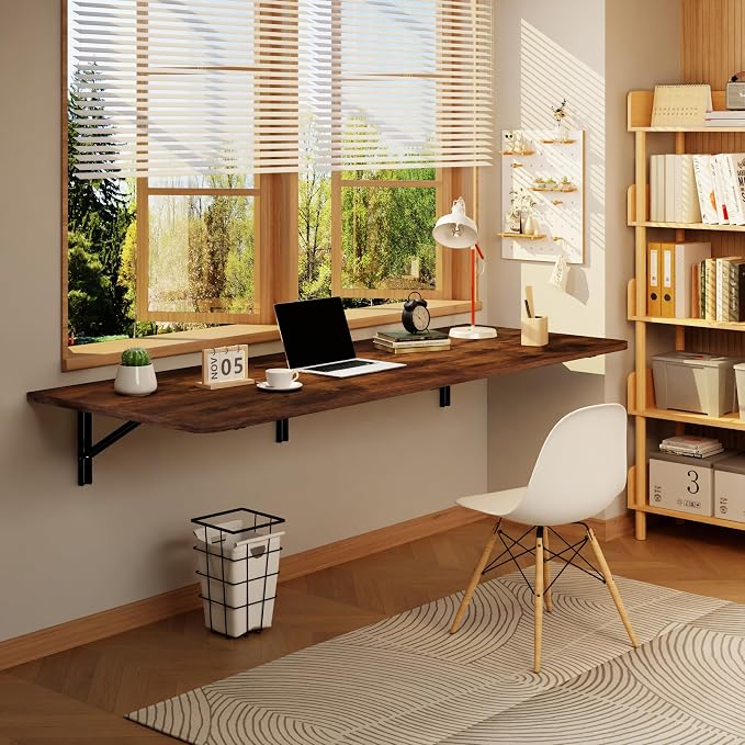 IAE Wall Mounted Floating Foldable Desk, 60" x 22" Folding Computer Workstation Table with Engineered Wood and Metal Shelf Brackets,Fold&Floating Design for Home Office, Apartment,Laundry Room,Rustic