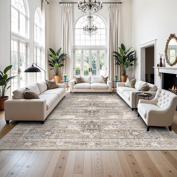 Washable 9x13 Large Living Room Rugs, Vintage Oriental Low Pile Soft Rugs Indoor Non Slip & Non-Shedding Carpets for Bedroom/Dining Room/Office Farmhouse Distressed Home Decor Floor Mat (9x13 Beige)