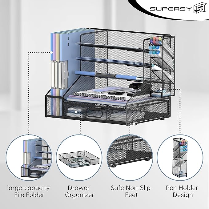 Desk Organizer with 5 Tier File Holder and Sliding Drawer Pen Holder Black | Paper Letter Tray with 3 Tilted File Sorters to Keep Desk Accessories and Office Supplies within Reach