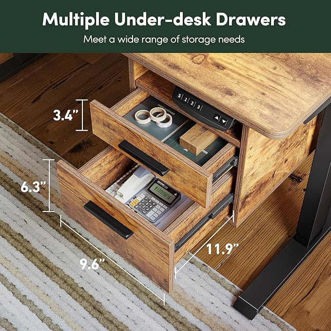 CubiCubi Standing Desk with Wood Drawers, 48" x 24" Electric Height Adjustable Table with Monitor Shelf, 3 Drawers and Open Storage, Computer Home Office Sit and Stand up Workstation, Rustic Brown