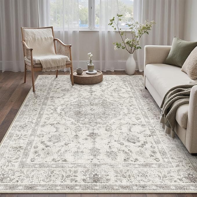 PureCozy 4x6 Area Rug Gray Washable Vintage Entryway Office Carpet Small Non Slip Soft Low Pile Soft Thin Kitchen Bathroom Retro Accent Throw Rug Entrance Bedroom Office Living Room Laundry