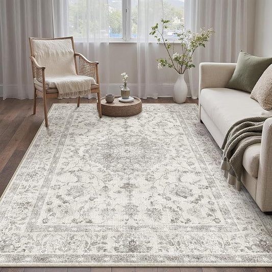 PureCozy 4x6 Area Rug Gray Washable Vintage Entryway Office Carpet Small Non Slip Soft Low Pile Soft Thin Kitchen Bathroom Retro Accent Throw Rug Entrance Bedroom Office Living Room Laundry