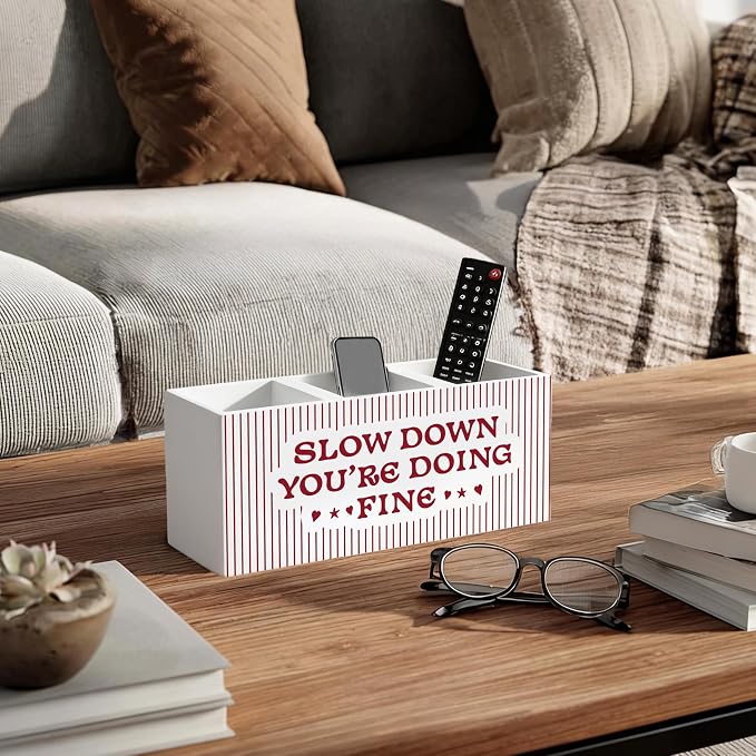 Striped Inspirational Wooden Pen Holder for Desk, Slow Down You're Doing Fine Positive Affirmations Pencil Organizer Wooden Box Sign for Therapy Office Home Decoration