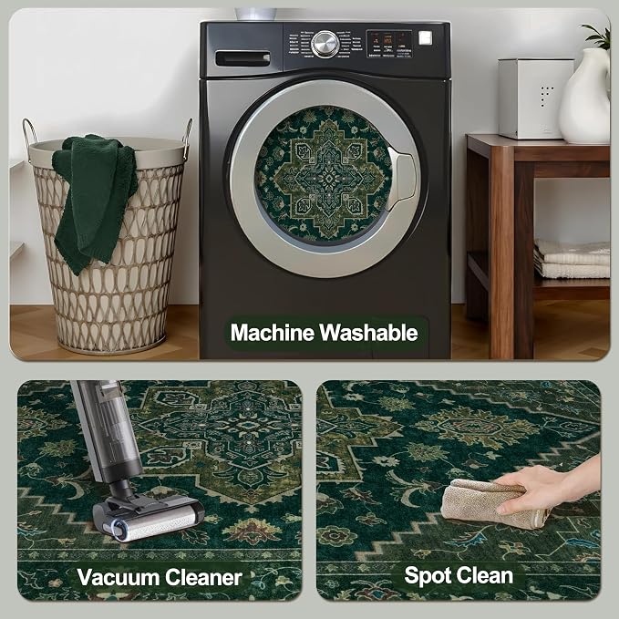 Tangsoo Dark Green 5x7 Area Rug Washable Rugs for Living Room, Vintage Rug Indoor Non Slip Large Area Rugs, Print Carpet, Soft Low Pile Foldable Floor Rug for Bedroom Dining Room Dorm