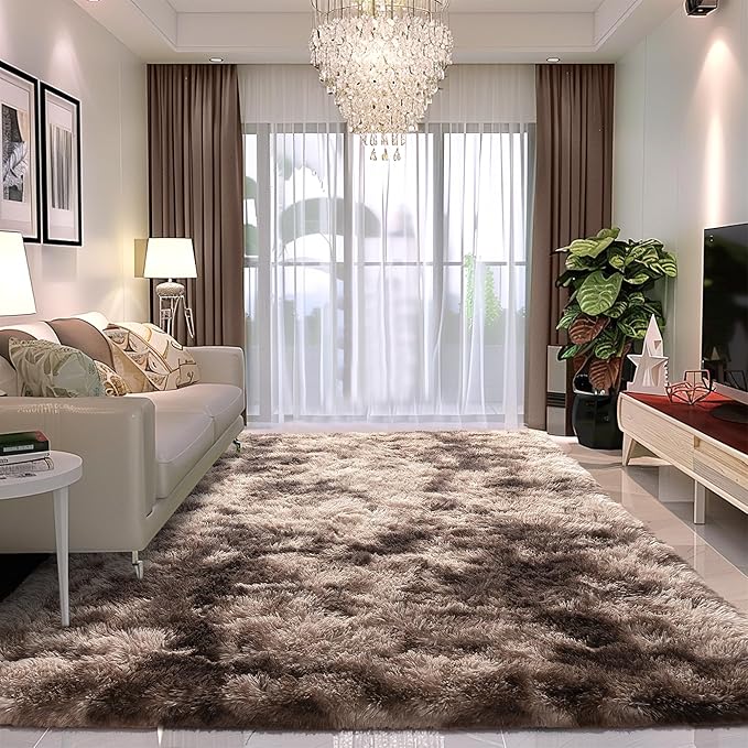 Awaytail 8x10 Shag Area Rug - Fluffy Fuzzy Nursery Kids Girls Room Rug - Soft Plush Furry Bedside Carpet- Tie-Dyed Brown