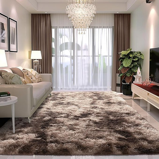 Awaytail 8x10 Shag Area Rug - Fluffy Fuzzy Nursery Kids Girls Room Rug - Soft Plush Furry Bedside Carpet- Tie-Dyed Brown