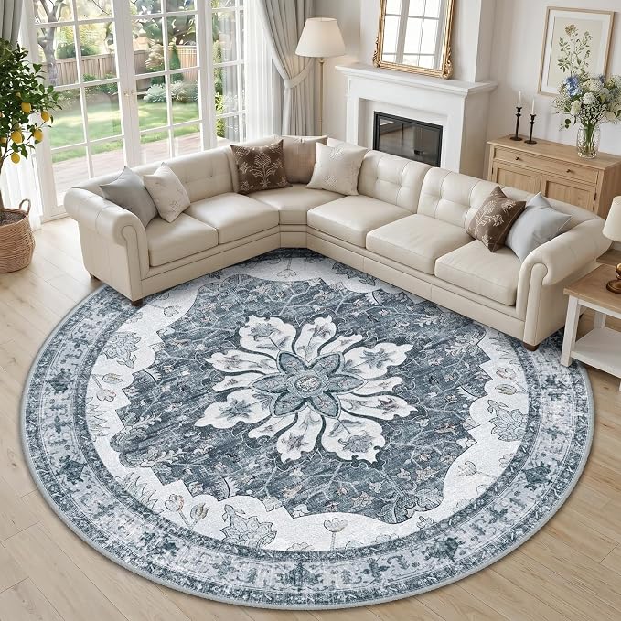 RELEANY Area Rugs Round 10ft Washable Non-Slip, Floral Vintage Distress Medallion Carpet for Living Room Bedroom Dining Room, Light Gray Grey White
