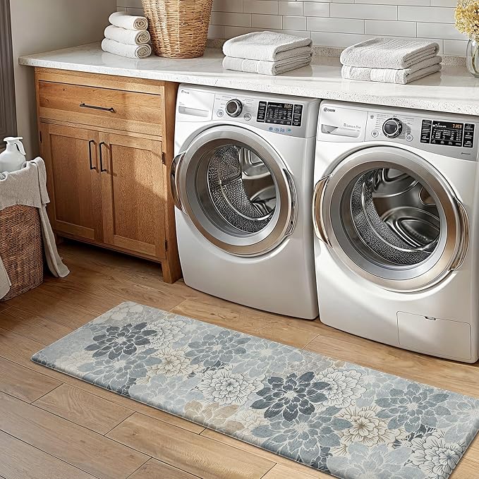 GENIMO Anti Fatigue Kitchen Mats for Floor 2PCS, Cushioned Standing Mats | 17.3"x59"&17.3"x30", Light Blue vintage floral rug set, waterproof, non slip, easy-clean for farmhouse
