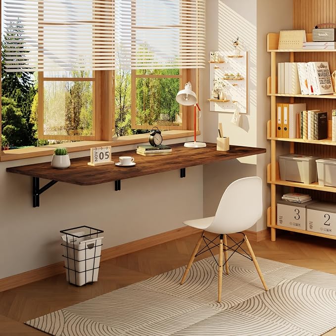 IAE Wall Mounted Floating Foldable Desk, 55" x 22" Folding Computer Workstation Table with Engineered Wood and Metal Shelf Brackets,Fold&Floating Design for Home Office, Apartment,Laundry Room,Rustic