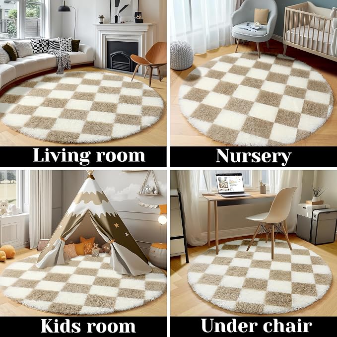 KICMOR Round Rugs 6ft Beige and Cream White Circle Area Rug, Fluffy Soft Fuzzy Shag Shaggy Bedroom Living Room Carpet, Indoor Checkered Circular Rug for Kids Boys Girls Home Decor Aesthetic, Nursery