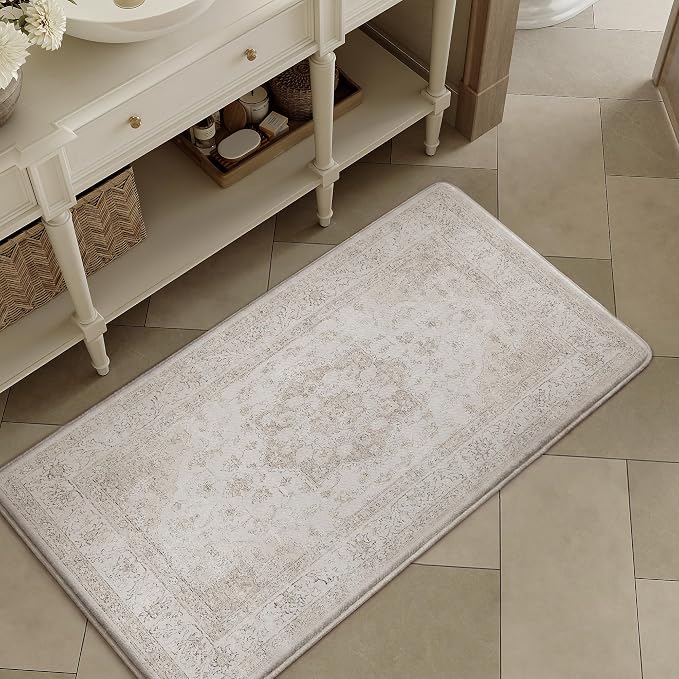 PureCozy Kitchen Mats for Floor Anti Fatigue Cushioned Beige Vintage Kitchen Mats Waterproof Non Slip Comfort Standing Oriental Medallion Rug for Sink Laundry Office Bathroom 17.3"x30"