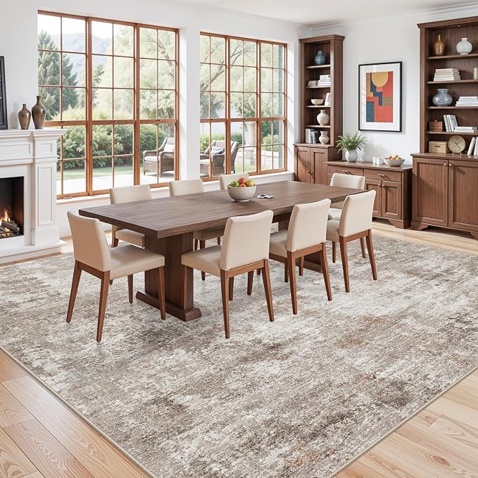 12x12ft Square Living Room Rug – Non-Slip Washable Extra Large Floor Carpet for Bedroom, Dining Room, Playroom Room – Modern Abstract Neutral Thin Low-Pile Big Indoor Rug (Beige Grey)