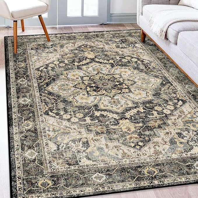 TOPRUUG Washable Oriental Area Rug - 5x8 Rugs for Living Room Soft Carpet for Bedroom Waterproof Floral Distressed Indoor Stain Resistant Non-Shedding Floor Carpets (Black/Grey, 5x8)