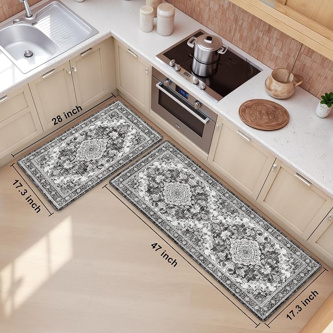 Boho Kitchen Mats for Floor 2 Piece Set Anti Fatigue Cushioned PVC Kitchen Rugs Non Slip Waterproof Farmhouse Mats 2/5 Inch Comfort Standing Mat for Sink, Office, 17.3"x47"+17.3"x28", Dark Grey