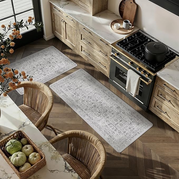 Kitchen Mats 2PCS Anti Fatigue Cushioned Mat Black Vintage Kitchen Mats for Floor Waterproof Non Slip Comfort Standing Retro Floral Rug for Sink Laundry Office 17.3"x47"+17.3"x30"