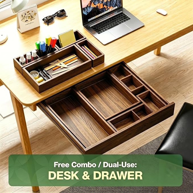 9-Pack Solid Wood Junk Drawer Organizer, Modular Desk Drawer Tray & Accessories with Non-Slip Pad, Multi-Use for Kitchen, Office, Bedroom Dresser, Utensil, Makeup, Stationery, Tea Bags & Coffee Pod