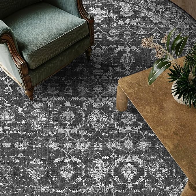 8ft Black Round Washable Area Rug for Living Room Vintage Boho Non Slip Circle 8x8 Large Rug Distressed Floral Carpet Indoor Retro Soft Low Pile Farmhouse Throw Rug for Bedroom Nursery Office