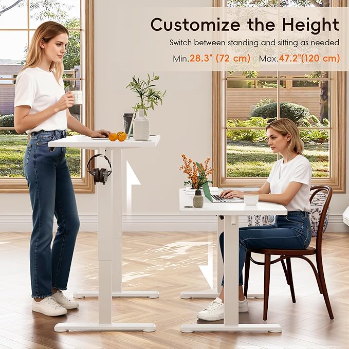Monomi Electric Standing Desk, 47.2 Inch Height Adjustable Sit Stand Up Ergonomic Home Office Computer PC Desks, Gaming Writing Study Bedroom Rising Table, Tall Standup Workstation, White