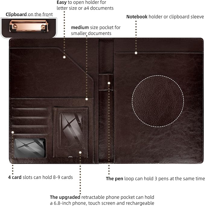 Leather Portfolios for Men Clip Boards 8.5x11 with Storage Dark Brown Leather Binder Folders