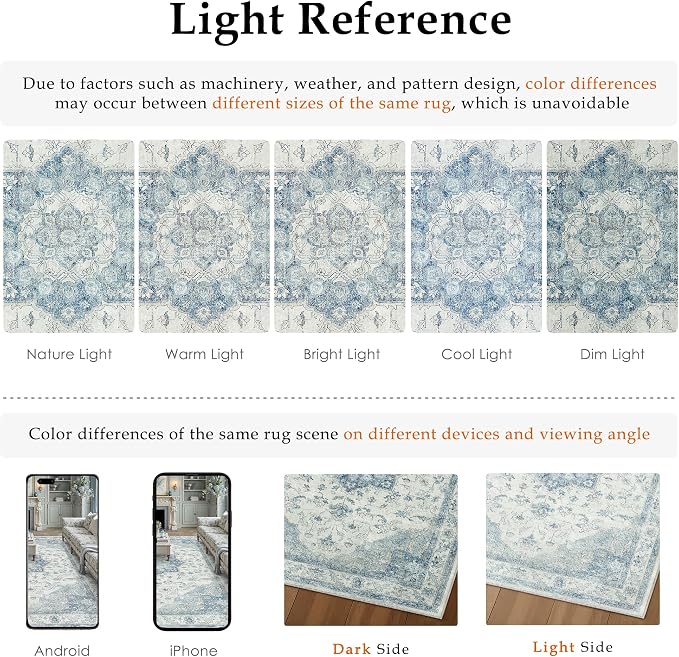 PureCozy Blue Area Rug 8x10 Washable Vintage Carpet for Living Room Bedroom Large Soft Retro Low Pile Thin Indoor Rug Non Slip Oriental Medallion Floor Cover for Dining Room Office