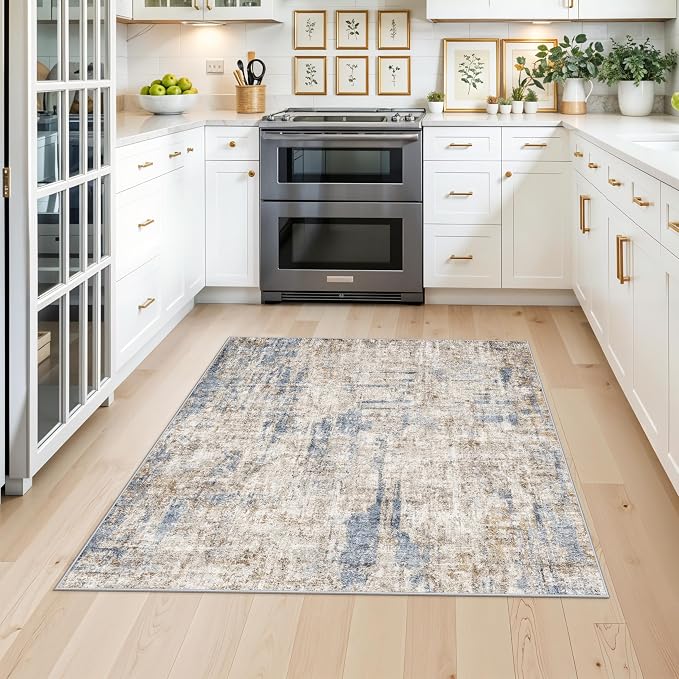 4x4 Square Entryway Rug Washable – Non-Slip Small Area Rug for Kitchen or Bathroom, Soft Low-Pile Indoor Mat, Modern Abstract Thin Door Carpet (Blue Brown)