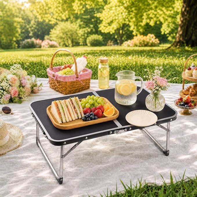 Foldable Laptop Table with Hidden Storage, Portable Bed Tray with Folding Legs for Studying, Reading, Working, Breakfast and Picnic, Lap Desk for Sofa, Couch, Floor & Outdoor Use (Black)