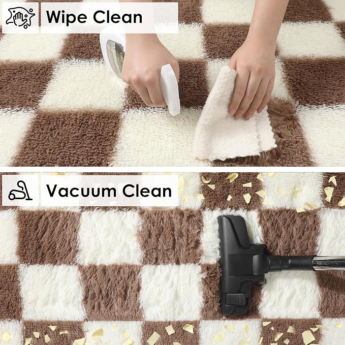 KICMOR Living Room Rug 5x8 Brown and Cream White, Large Fluffy Shag Fuzzy Checkered Area Rugs Shaggy Bedroom Carpet, Indoor Soft Plush Furry Big Rug for Teen Kids Boys Girls Room Nursery Home Decor