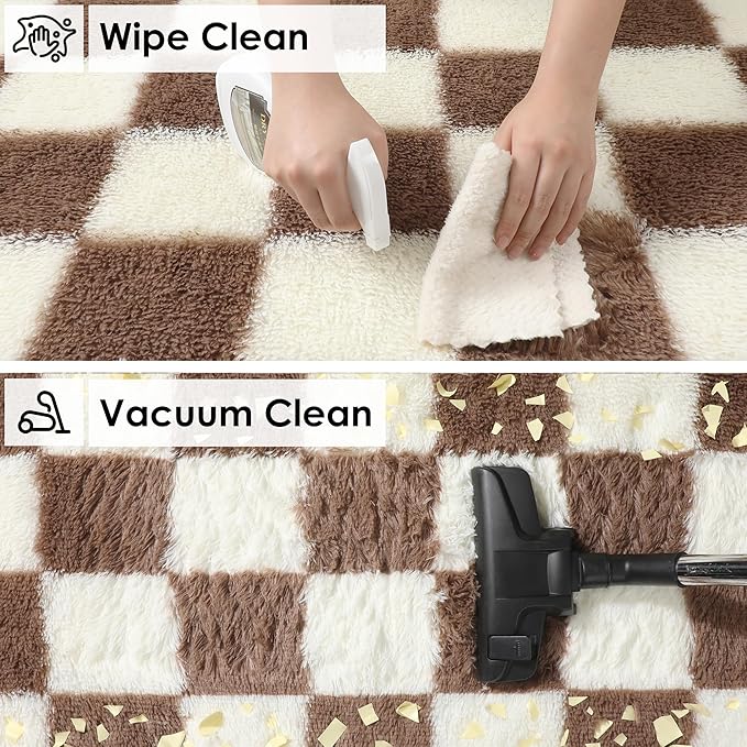 KICMOR Rugs for Living Room 8x10, Large Fluffy Fuzzy Brown and Cream White Checkered Shag Area Rug Shaggy Big Carpets for Bedroom, Soft Plush Floor Rugs for Kids Boys Girls Room Nursery Home Decor