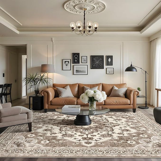 TOPRUUG Washable Oriental Area Rug - 10x10 Area Rugs for Living Room Bedroom Dining Room Under Kitchen Table - Non-Slip & Stain Resistance Rug for High Traffic Area (Beige, 10x10)