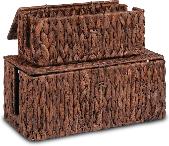 efluky 2 Pack Water Hyacinth Floor Cord Covers with Lid, Hand-Woven Cable Management Box, 2 Open Slots Cord Box to to Hide USB Wire, Power Strip & Charger for Home & Office and Dorm, Brown