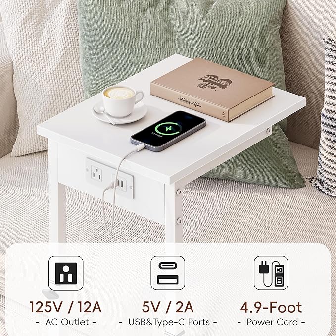 Vagusicc C Shaped End Table with Charging Station, C Table End Table Adjustable Height Sofa Table, Side Table for Couch, Couch Table that Slide Under, TV Tray Arm Table for Living Room,Bedroom, White