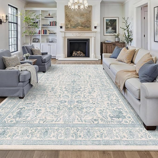 8x10 Blue Washable Area Rugs for Living Room Non Slip Low Pile Vintage Boho Throw Rug Soft Retro Distressed Floral Large Carpet Indoor Farmhouse Decor for Bedroom Dining Room Office Kitchen Playroom