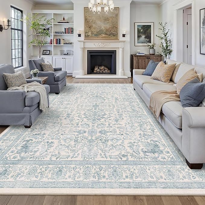 9x12 Blue Washable Area Rugs for Living Room Non Slip Low Pile Vintage Boho Throw Rug Soft Retro Distressed Floral Large Carpet Indoor Farmhouse Decor for Bedroom Dining Room Office Kitchen Playroom