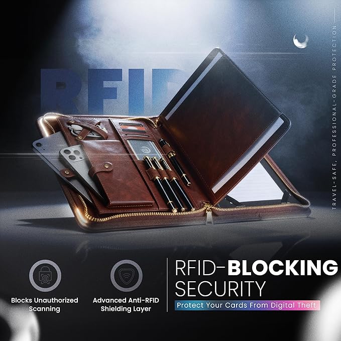 Leather Portfolio with Anti-RFID Protection, Business Portfolio with Zipper, Padfolio, Leather Portfolio for Men and Women, Vegan Leather Folder, Anti-Scam Technology Embedded, Business Impression