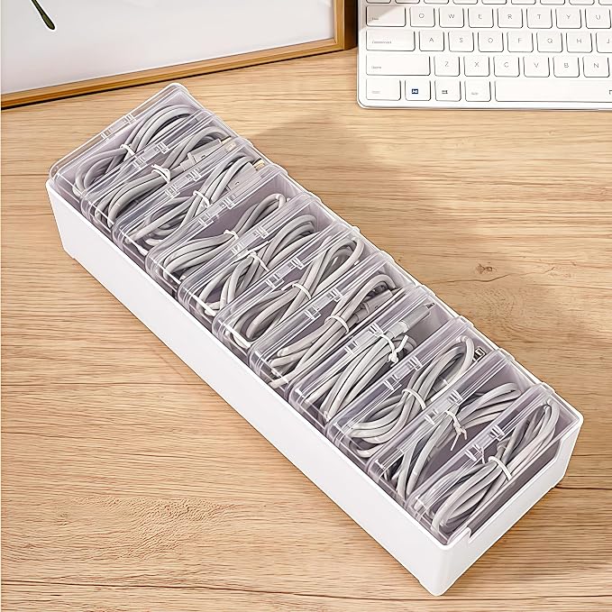 2 Pack 11 Grid Cable Organizer Box with Switch for Desktop Cord Storage | Desk wire sorting, office household dual use, multi grid classified storage, transparent visible interior, cord management