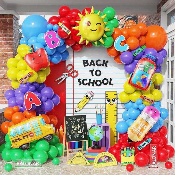 Back to School Balloons Arch Garland Kits Rainbow Preschool Graduation Party Decortions with Pencil Bag Foil Balloons for Welcome Back to School kindergarten Graduation Party Supplies
