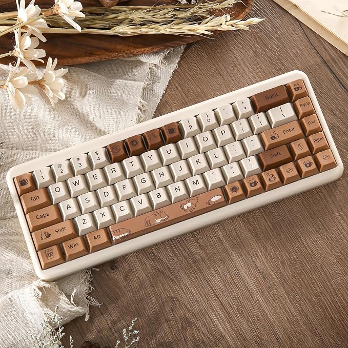 YUNZII Coffee Cat Dye Sub PBT Keycaps,152 Full Keys Dye Sublimation Custom Keycap Set with Key Puller for Cherry Gateron MX Switches Mechanical Gaming Keyboard (Cherry Profile, Coffee Cat)