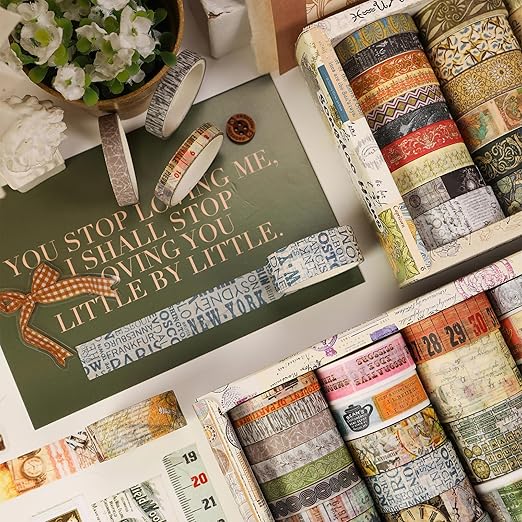 Vintage Washi Tape Set - 24 Rolls Arts Adhesive Tapes Assorted Retro Decorative Masking Tape Sets for Craft, Kids, Scrapbook, DIY, Gift Wrapping (2-Vintage Journey)