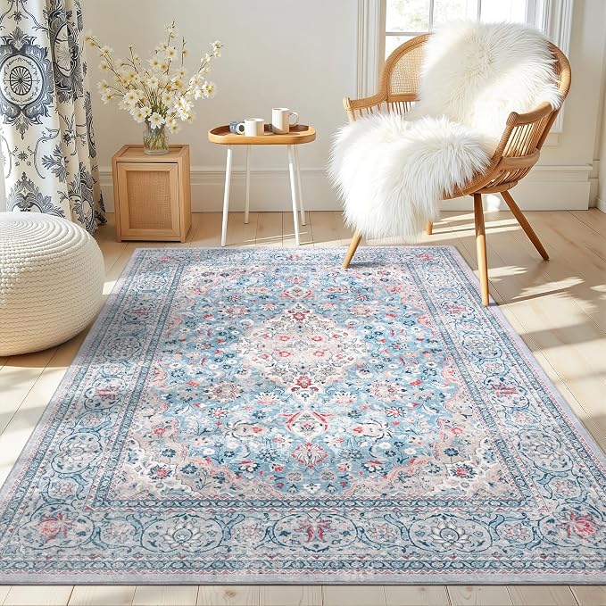 Blue Washable Boho Area Rug for Bedroom, 3x5 Vintage Floral Non Slip Rugs, Soft Low Pile Indoor Mat, Aesthetic Pattern Carpet for Living Room, Kitchen, Dining Room and Bedside