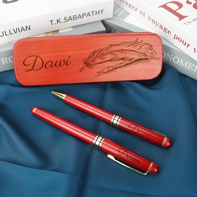 Personalized Engraved Ballpoint Pen & Wooden Gift Case Set - Business Wood Pens Gifts for Boss, Doctors, Teachers, Students, Ideal for Graduation, Promotion, Birthday (Redwood)