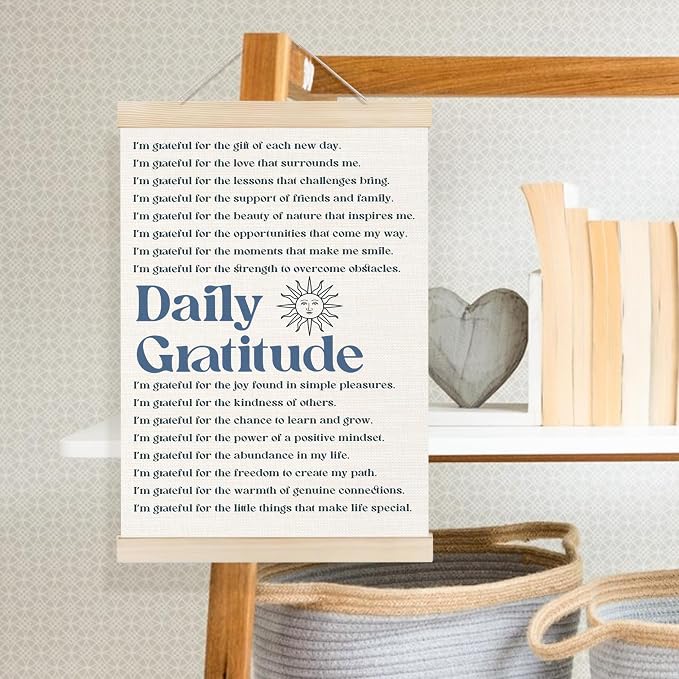Welshower Vintage Daily Gratitude Positive Affirmations Poster Hanger Frame, Retro Motivational Wall Art Prints Decor for Home Bedroom Dorm Office Yoga Studio Framed, 12x16 Inch（blue）