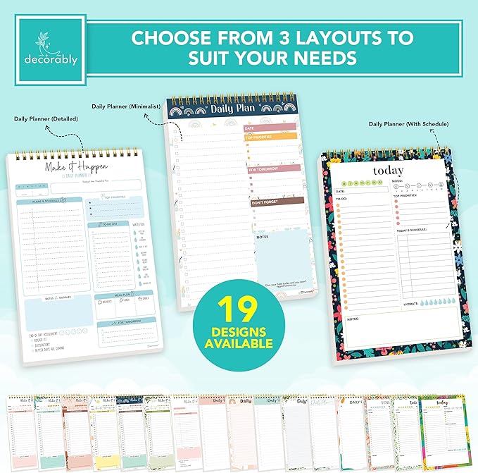 Decorably 52 Sheets Blue Undated Daily Planning Sheets - 6.5x10in Spring-Bound Planner Notepad, Easy Tear-Off, for Schedule, Priorities, Agenda, Water Intake, Meals, Notes and Doodles - Home, Office