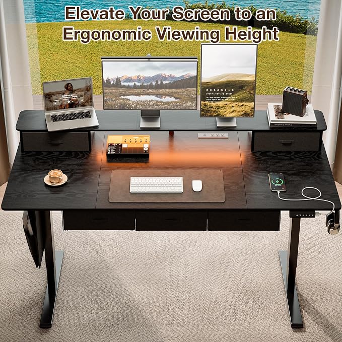 71x32 Inch Electric Standing Desk with 5 Drawers, Sit Stand Desk with Power Outlets, Monitor Shelf, LED Light and Cable Management, Height Adjustable 28.3-47.2 Inch for Home & Office, Black