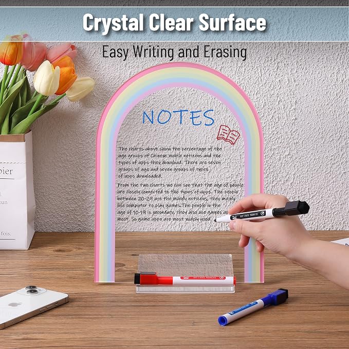 Mr. Pen- Clear Acrylic Board with Stand, 11.8" x 9", 3 Markers | Rainbow Theme, Clear Dry Erase Board for Desk